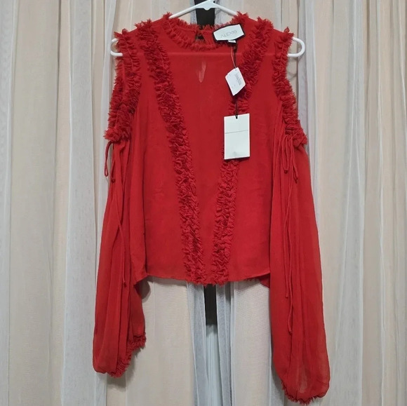 NWT ALEXIS Belicia Sheer Organza Cold Shoulder Top with Ruffled-Trim, 100% Silk - Picture 2 of 15